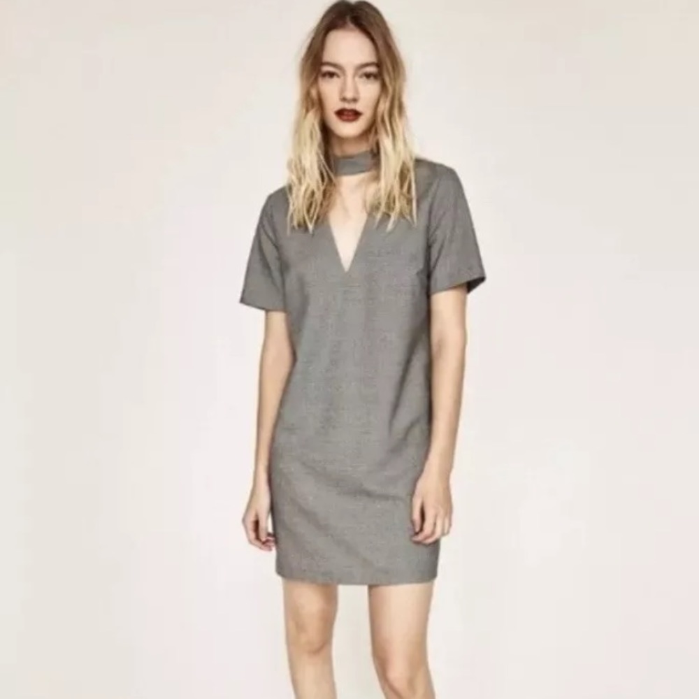 Zara Houndstooth Choker Shift Mock Neck Dress XS